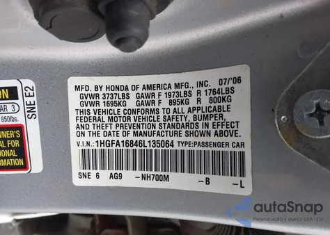 2006 Honda Civic Ex из США, поврежденный, VIN 1HGFA16846L135064